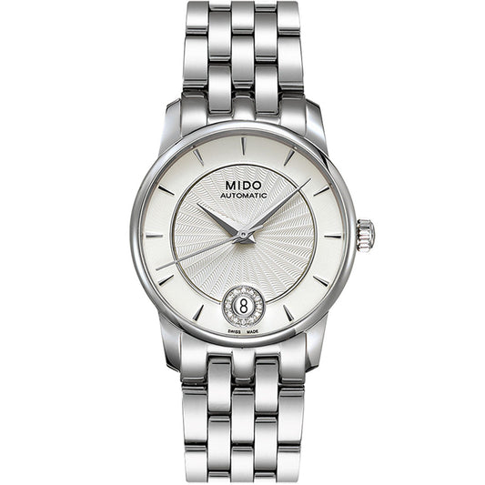 The MIDO Baroncelli II Lady Diamonds Automatic 33mm Watch features a round white patterned dial, slim markers, date at 6 o'clock, and a polished silver metal bracelet.