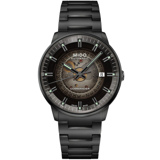 The MIDO Commander Gradient Automatic 40mm Watch features a black metal case, transparent acrylic dial revealing internal gears, Caliber 80 movement, luminescent hour markers, date at 3 o’clock, and stainless steel bracelet.