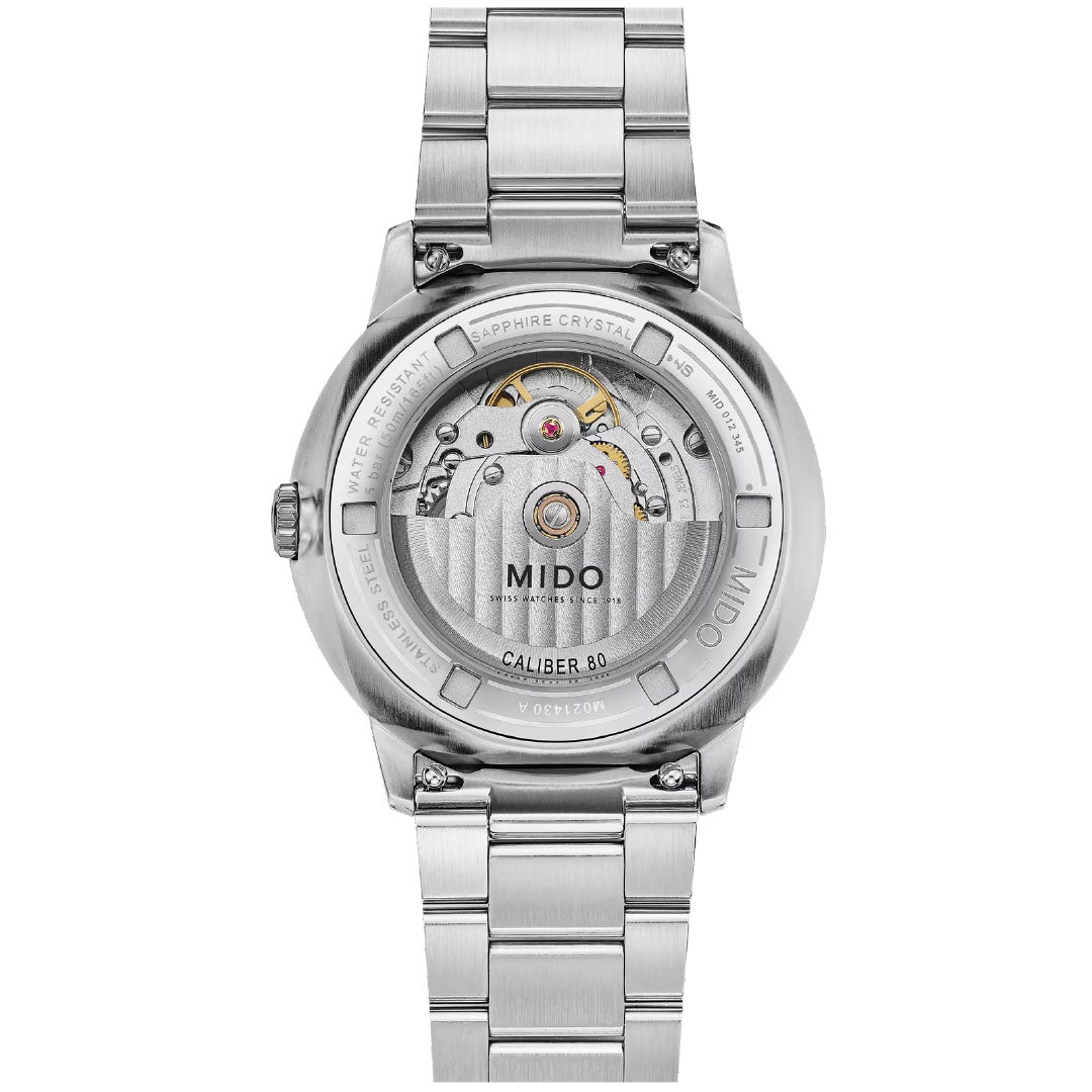 The back of the MIDO Commander Datoday Automatic 40mm Watch features a transparent case back, showcasing its automatic movement and engraved details like "Caliber 80" and "Sapphire Crystal.