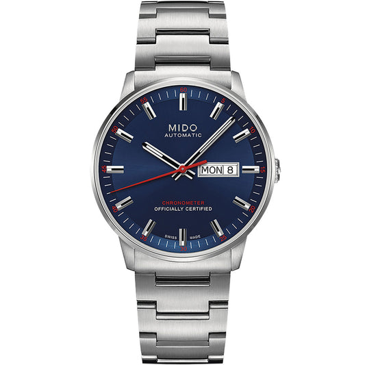 The MIDO Commander Chronometer Automatic 40mm Watch features a silver metal band, blue dial, silver hour markers, red-tipped second hand, and a day-date display showing "MON 8" on the right.
