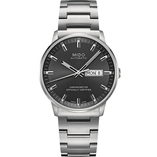 The MIDO Commander Chronometer Automatic 40mm Watch features a stainless steel case, black dial, silver hour markers and hands, automatic movement, day-date display, and a metal link bracelet.