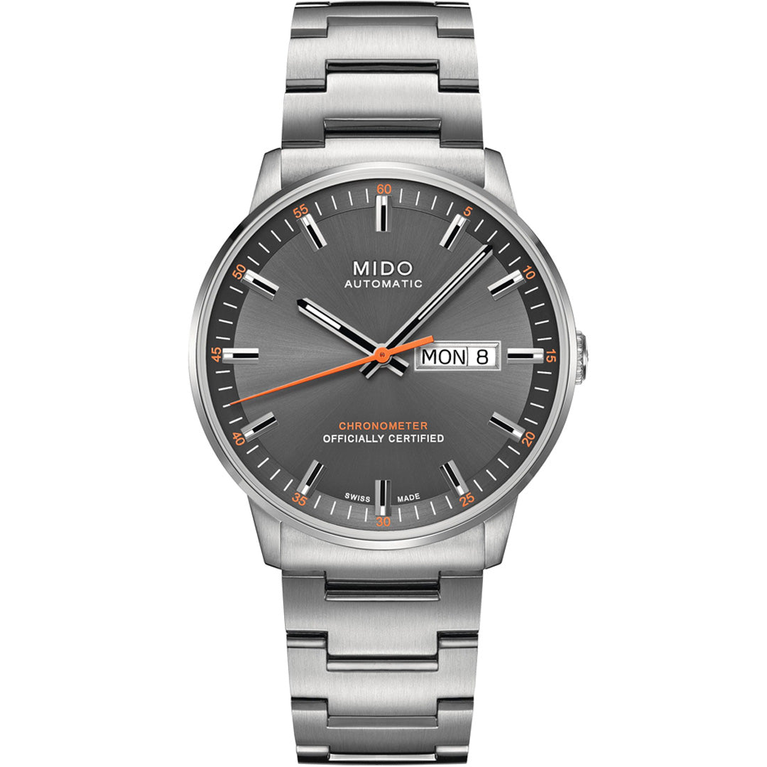 The MIDO Commander Chronometer Automatic 40mm Watch features a stainless steel case, gray dial with orange second hand, date and day display at 3 o'clock, silver hour markers, and "Chronometer Officially Certified" on the face.