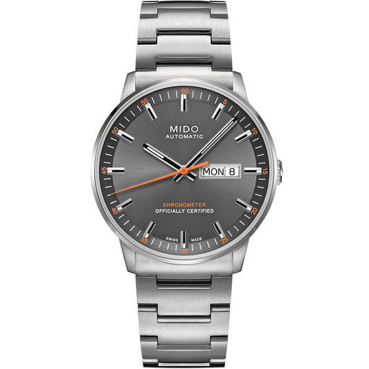 The MIDO Commander Chronometer Automatic 40mm Watch features a stainless steel case, gray dial with orange second hand, date and day display at 3 o'clock, silver hour markers, and "Chronometer Officially Certified" on the face.