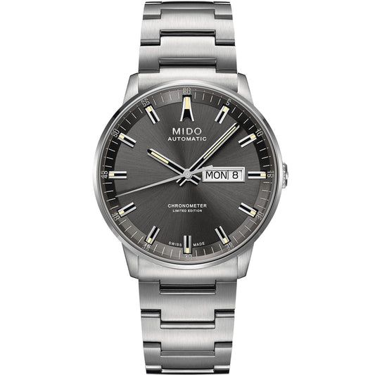 The MIDO Commander 20th Anniversary Limited Edition Automatic 40mm watch showcases architectural inspiration, a sunburst gray dial with silver markers and hands, day/date at 3 o’clock, and a stainless steel bracelet.