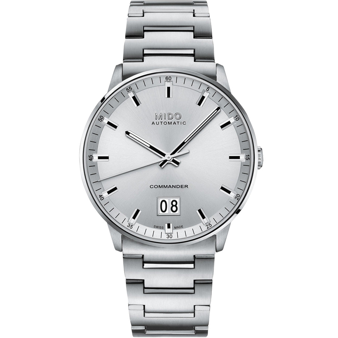 The MIDO Commander Big Date Automatic 42mm Watch features a metal band, minimalist dial, silver hour markers and hands, and a large date window above 6 o’clock.