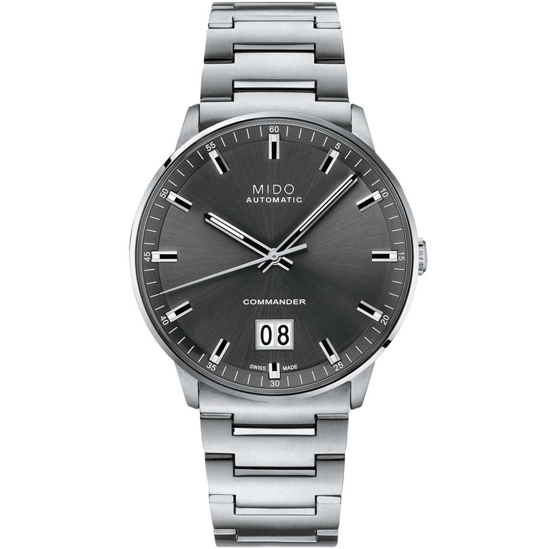 The MIDO Commander Big Date Automatic 42mm Watch features a silver case, gray sunburst dial, silver markers and hands, Caliber 80 movement, large date at 6 o’clock, and a stainless steel bracelet.