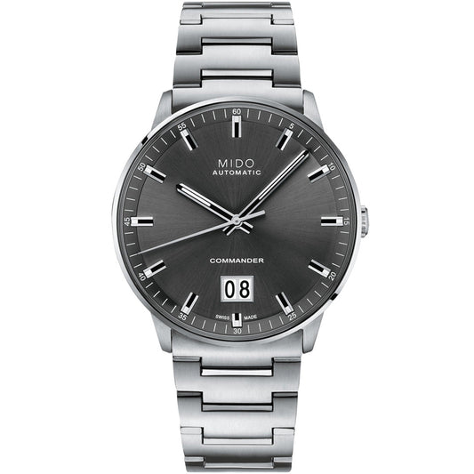 The MIDO Commander Big Date Automatic 42mm Watch features a silver case, gray sunburst dial, silver markers and hands, Caliber 80 movement, large date at 6 o’clock, and a stainless steel bracelet.