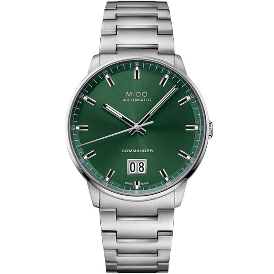 The MIDO Commander Big Date Automatic 42mm Watch features a green dial, silver markers and hands, Caliber 80 movement, date at 6 o’clock, metal link bracelet, and "MIDO" below 12 o’clock.