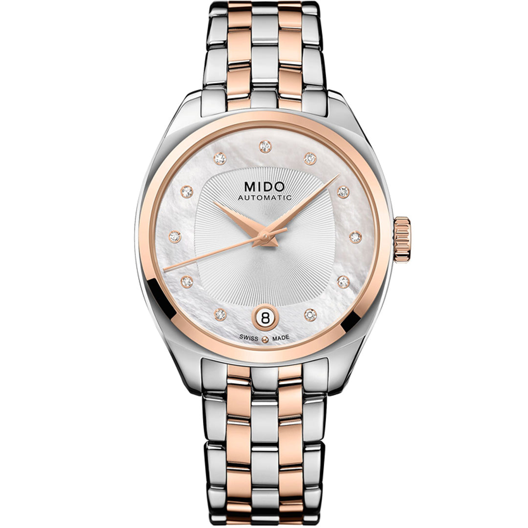 The MIDO Belluna Royal Lady Automatic 33.4mm Watch features a Swiss automatic movement, silver and rose gold metal band, round silver dial with diamond hour markers, date at 6 o’clock, and "MIDO AUTOMATIC" on the face.