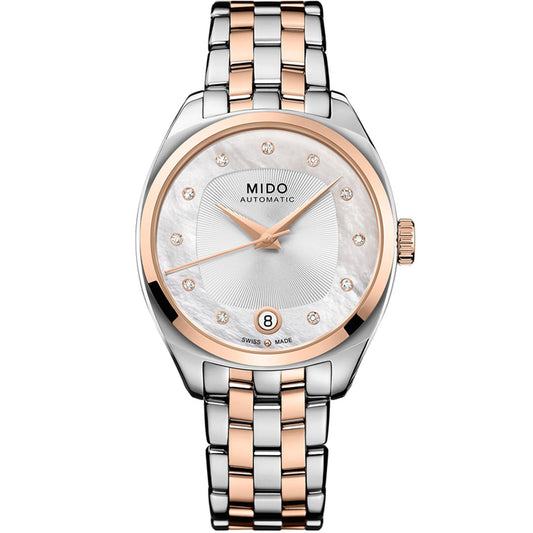 The MIDO Belluna Royal Lady Automatic 33.4mm Watch features a Swiss automatic movement, silver and rose gold metal band, round silver dial with diamond hour markers, date at 6 o’clock, and "MIDO AUTOMATIC" on the face.