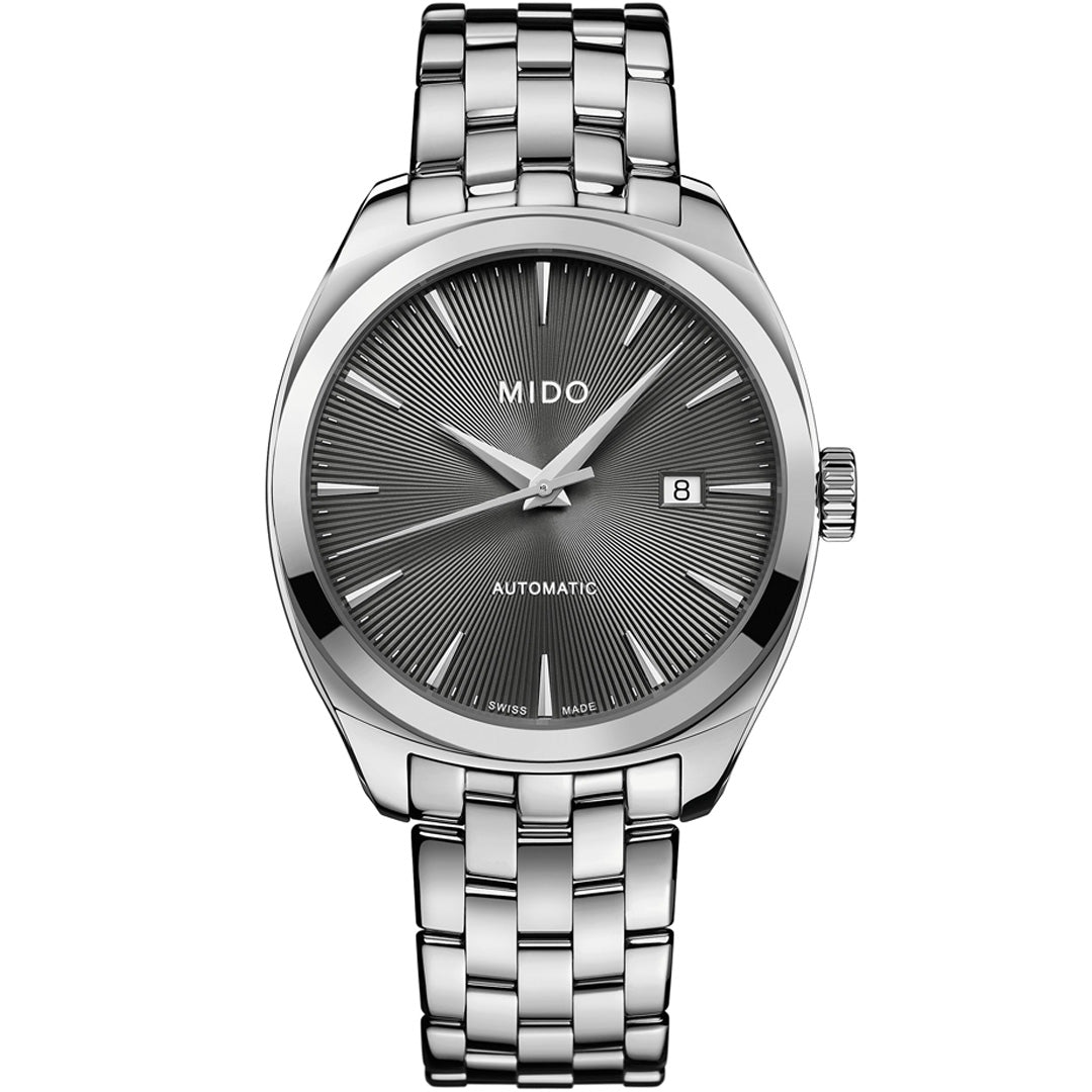 The MIDO Belluna Royal Gent Automatic 41.3mm features a stainless steel band, guilloché sunray dial, silver markers and hands, date at 3 o’clock, and "MIDO" plus "AUTOMATIC" on the face.