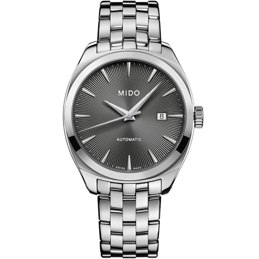 The MIDO Belluna Royal Gent Automatic 41.3mm features a stainless steel band, guilloché sunray dial, silver markers and hands, date at 3 o’clock, and "MIDO" plus "AUTOMATIC" on the face.