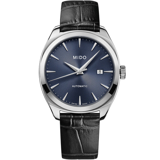 The MIDO Belluna Royal Gent Automatic 41.3mm Watch features a blue sunray dial, silver markers and hands, a date window at 3 o’clock, and a black crocodile-pattern leather strap.