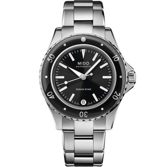 The MIDO Ocean Star 36.5 Automatic 36.5mm Watch features a stainless steel case, Swiss automatic movement, black dial with silver markers, black bezel with white numerals, and a date display at 6 o’clock.