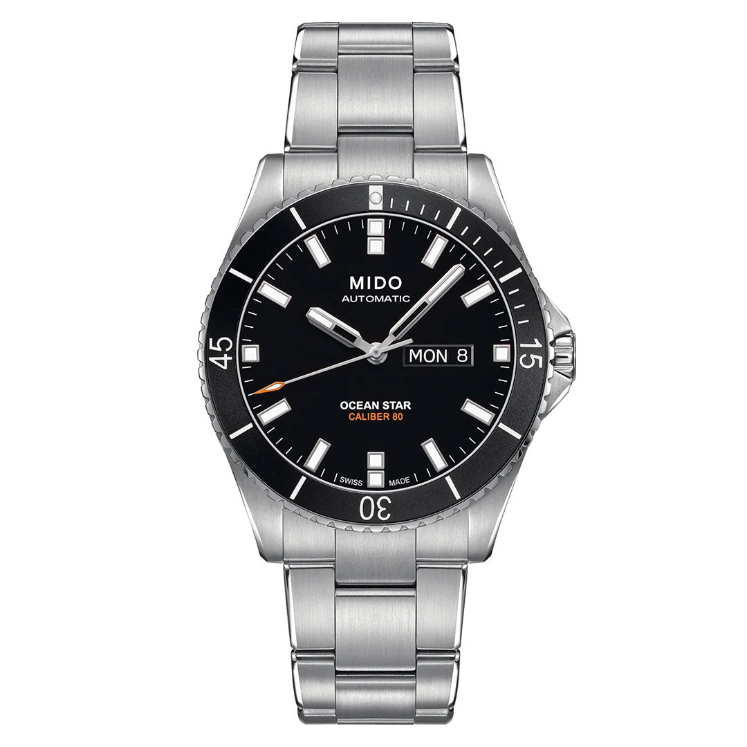 The MIDO Ocean Star 200 Automatic 42.5mm Watch features a stainless steel case and bracelet, a black dial with white markers, and a day-date display showing "MON 8." Its bezel is marked with numbers, while the automatic movement ensures precise timekeeping. Water resistant and crafted by MIDO, this stylish watch offers practicality for everyday wear.