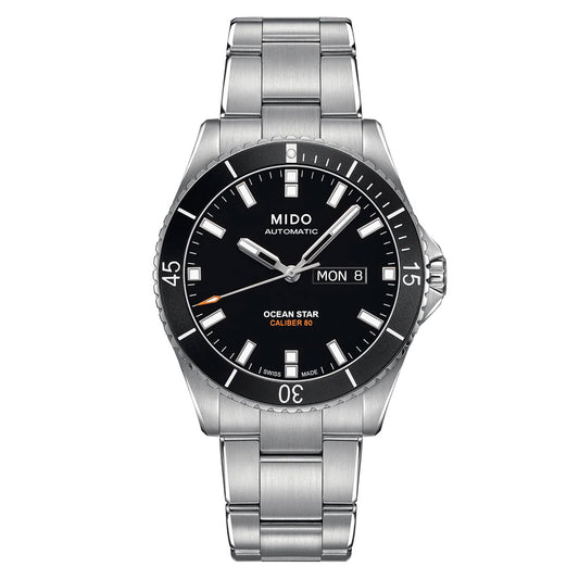 The MIDO Ocean Star 200 Automatic 42.5mm Watch features a stainless steel case and bracelet, a black dial with white markers, and a day-date display showing "MON 8." Its bezel is marked with numbers, while the automatic movement ensures precise timekeeping. Water resistant and crafted by MIDO, this stylish watch offers practicality for everyday wear.