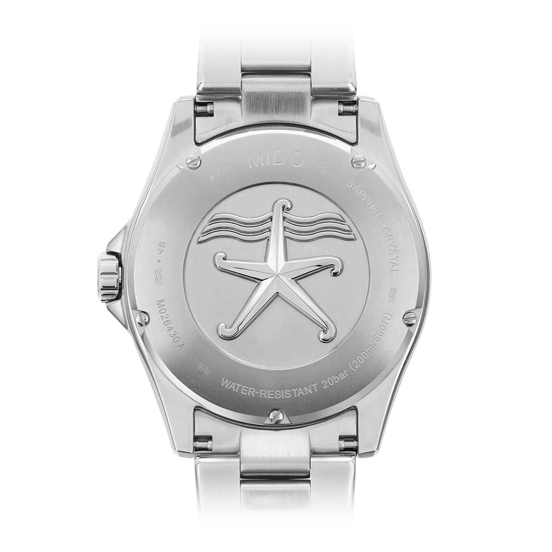 The back of the MIDO Ocean Star 200 Automatic 42.5mm Watch features an engraved starfish and wave design, along with markings for 200m water resistance, sapphire crystal, and a stainless steel bracelet—all highlighting MIDO’s commitment to quality and the watch’s dependable automatic movement.