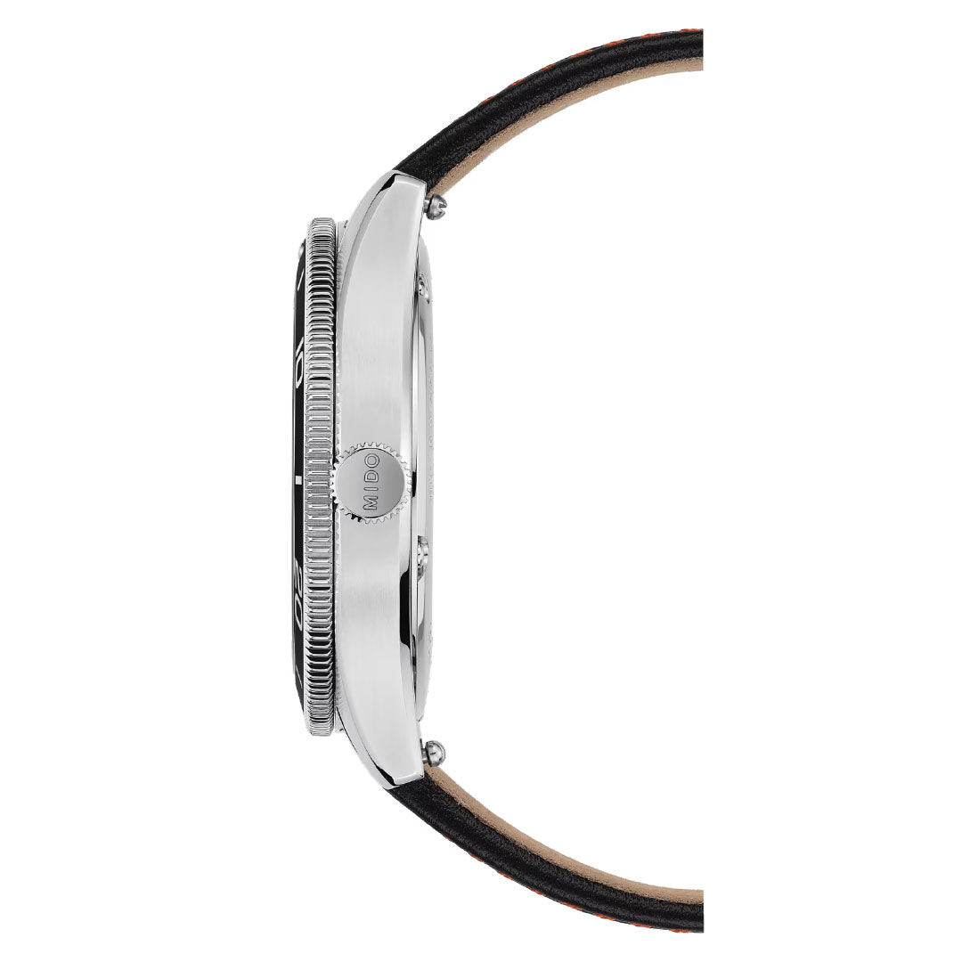 Side view of the MIDO Ocean Star 200 Automatic 42.5mm Watch, featuring a polished silver case, textured crown, and black leather strap with brown lining. The watch face by MIDO is not visible from this angle.