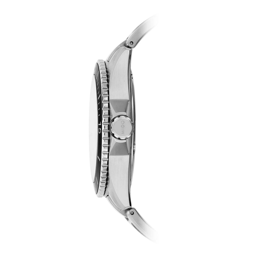 Side view of the MIDO Ocean Star 200 Automatic 42.5mm Watch in silver, featuring a metal band and showcasing the detailed crown and bezel craftsmanship. The watch face remains hidden in this image, but its premium build emphasizes the automatic movement and water-resistant design by MIDO.