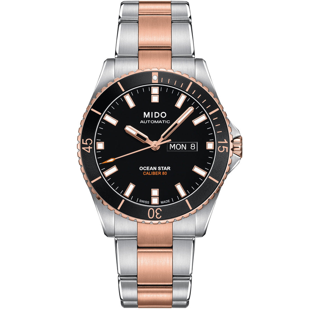 The MIDO Ocean Star 200 Automatic 42.5mm features a black dial, rose gold & silver bezel, two-tone stainless steel & rose gold bracelet, water resistance, and day/date display at 3 o'clock.