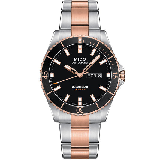 The MIDO Ocean Star 200 Automatic 42.5mm features a black dial, rose gold & silver bezel, two-tone stainless steel & rose gold bracelet, water resistance, and day/date display at 3 o'clock.