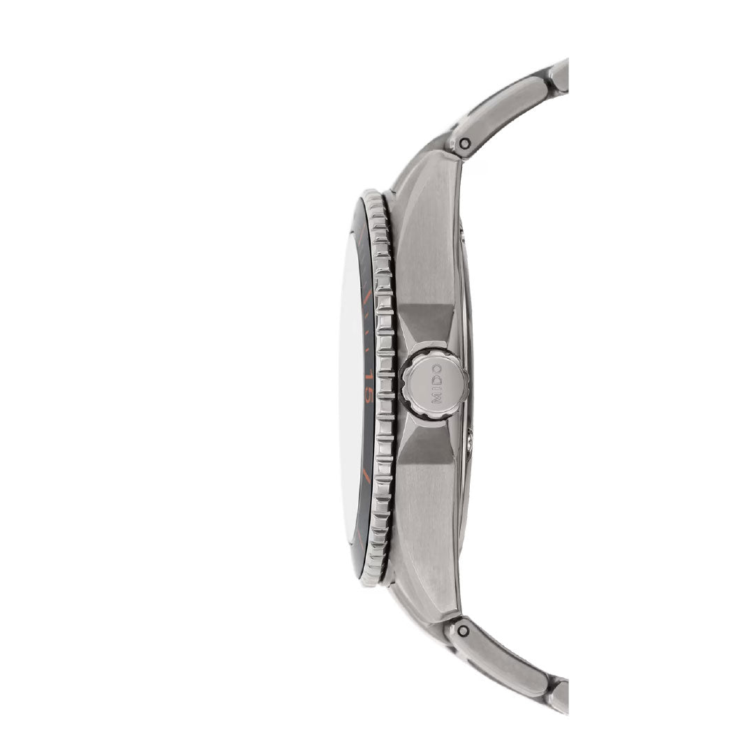 Side view of the MIDO Ocean Star 200 Automatic 42.5mm Watch shows its stainless steel case with a ridged bezel, crown, and lugs on a metal bracelet; water-resistant automatic movement. The watch face is not visible in this image.