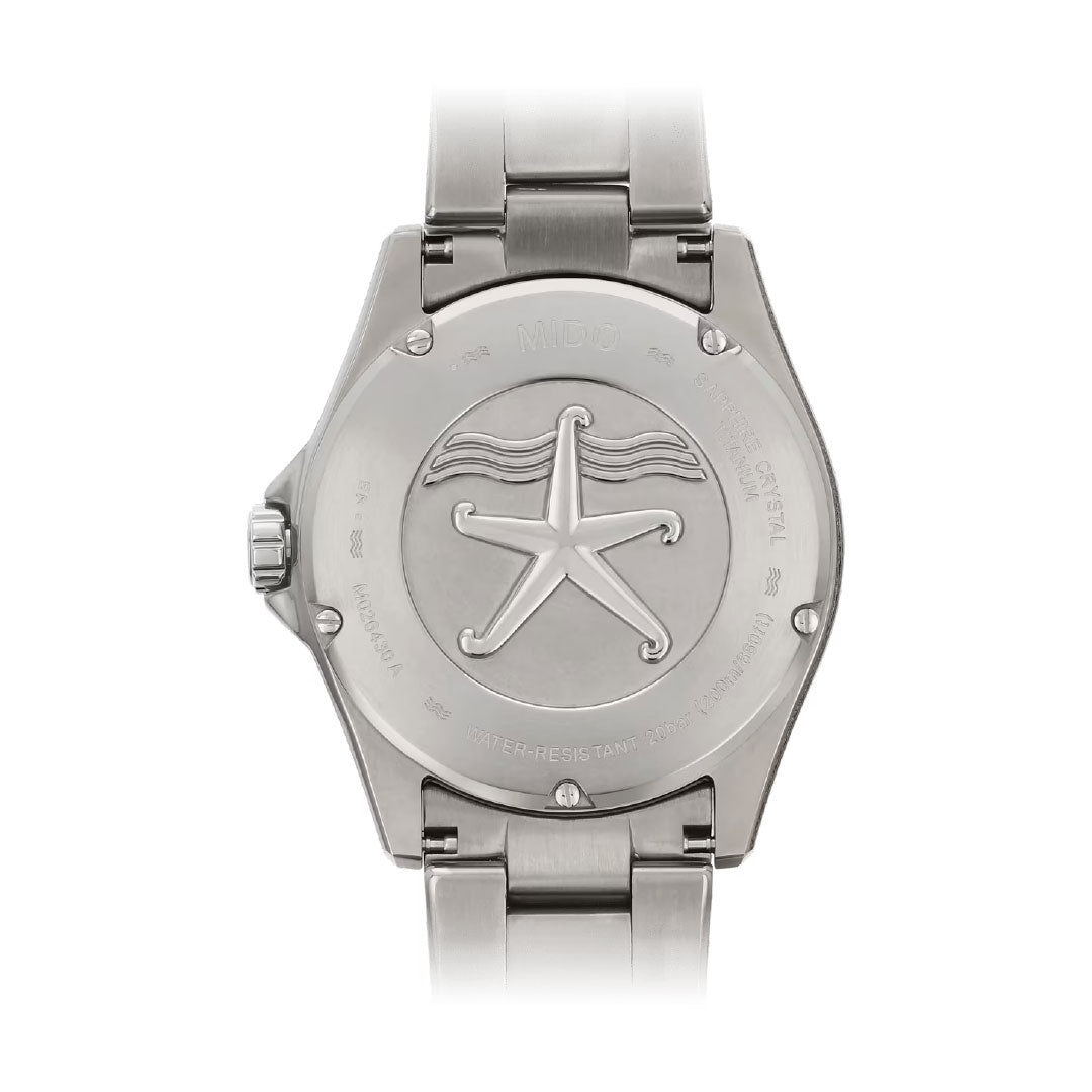 The image displays the back of the MIDO Ocean Star 200 Automatic 42.5mm Watch, featuring a central engraved starfish, branded text around the edge, and a stainless steel link bracelet, emphasizing its water resistance.