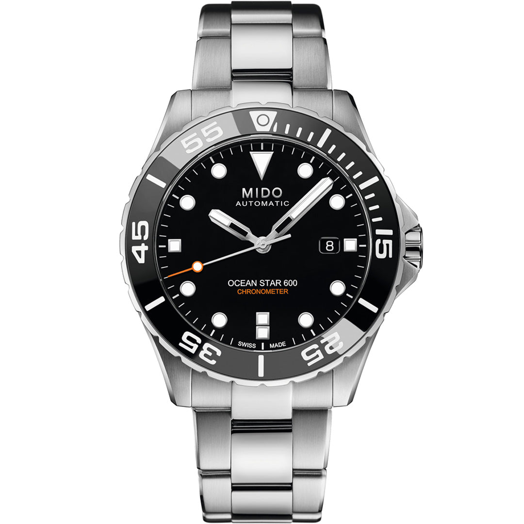 The MIDO Ocean Star Diver 600 Chronometer Automatic 43.5mm Watch has a stainless steel case, black dial, bold white markers, date at 3 o’clock, and a ceramic bezel. The timepiece is shown facing forward.