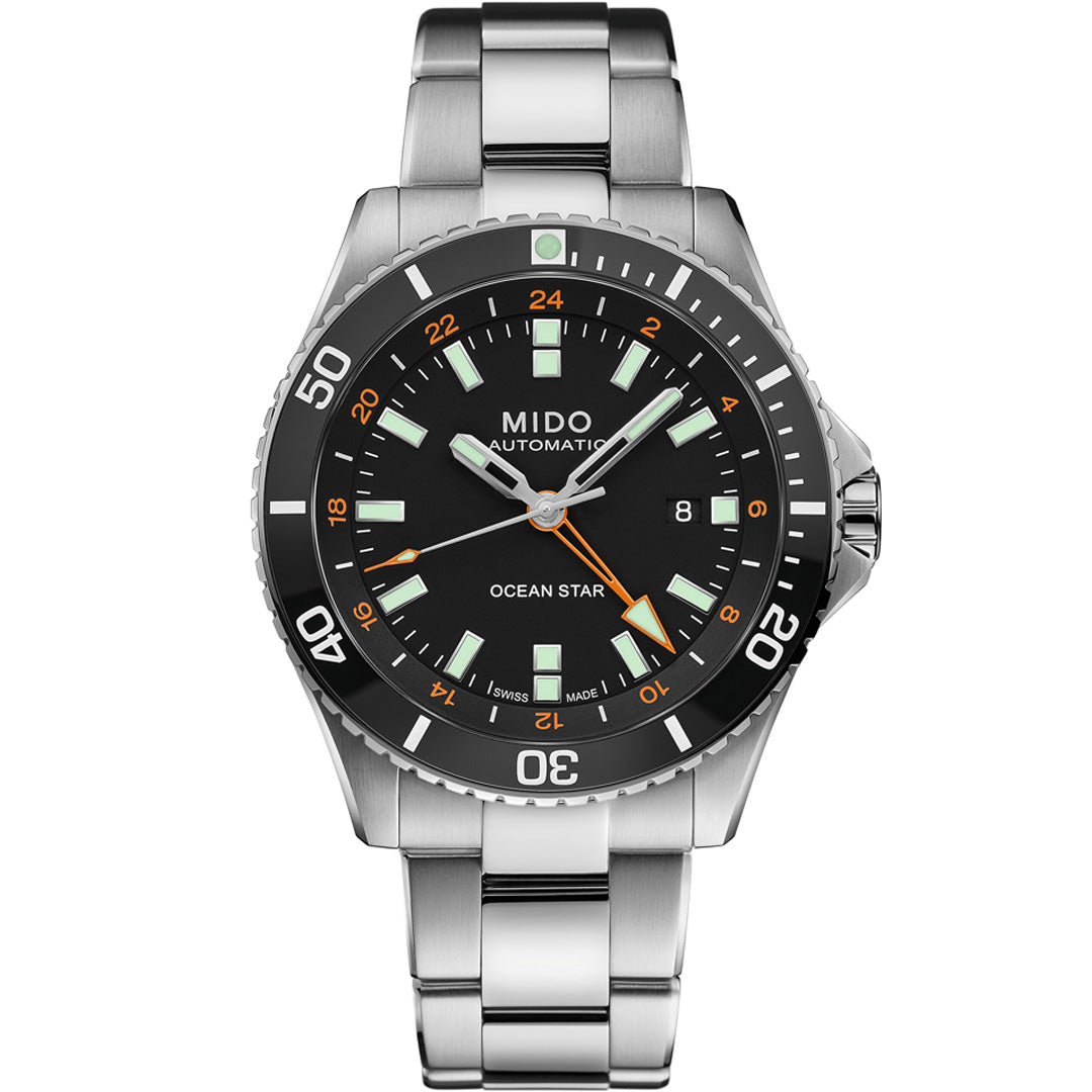 The MIDO Ocean Star GMT Automatic 44mm Watch features a stainless steel case, black dial with luminous markers, orange accents, Caliber 80 movement, and rotating bezel, all displayed facing forward.