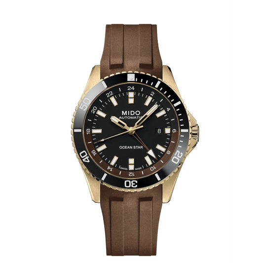 The MIDO Ocean Star GMT Automatic 44mm Watch features a gold-tone case, black dial, brown rubber strap, date display, rotating bezel, and white markers for reliable underwater performance.