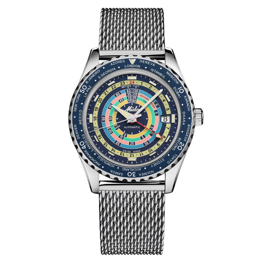 The MIDO Ocean Star Decompression World Timer Automatic 40.5mm Watch features a silver mesh band, vibrant circular dial, blue bezel with world cities, GMT function for multiple time zones, and clear hands with a visible date window.