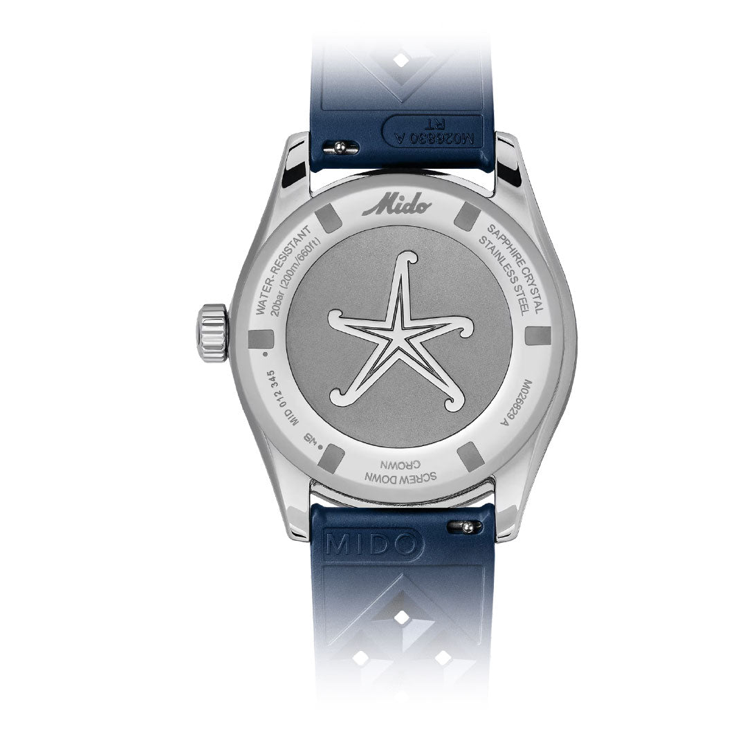 The back of the MIDO Ocean Star Decompression World Timer Automatic 40.5mm Watch features a starfish engraving on its metal case, with various specifications around the edge and comes with a blue strap.
