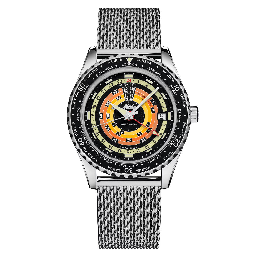 The MIDO Ocean Star Decompression World Timer Automatic 40.5mm Watch features a silver mesh band, colorful dial with concentric circles, multiple time zones on the bezel, and a precise GMT automatic movement.