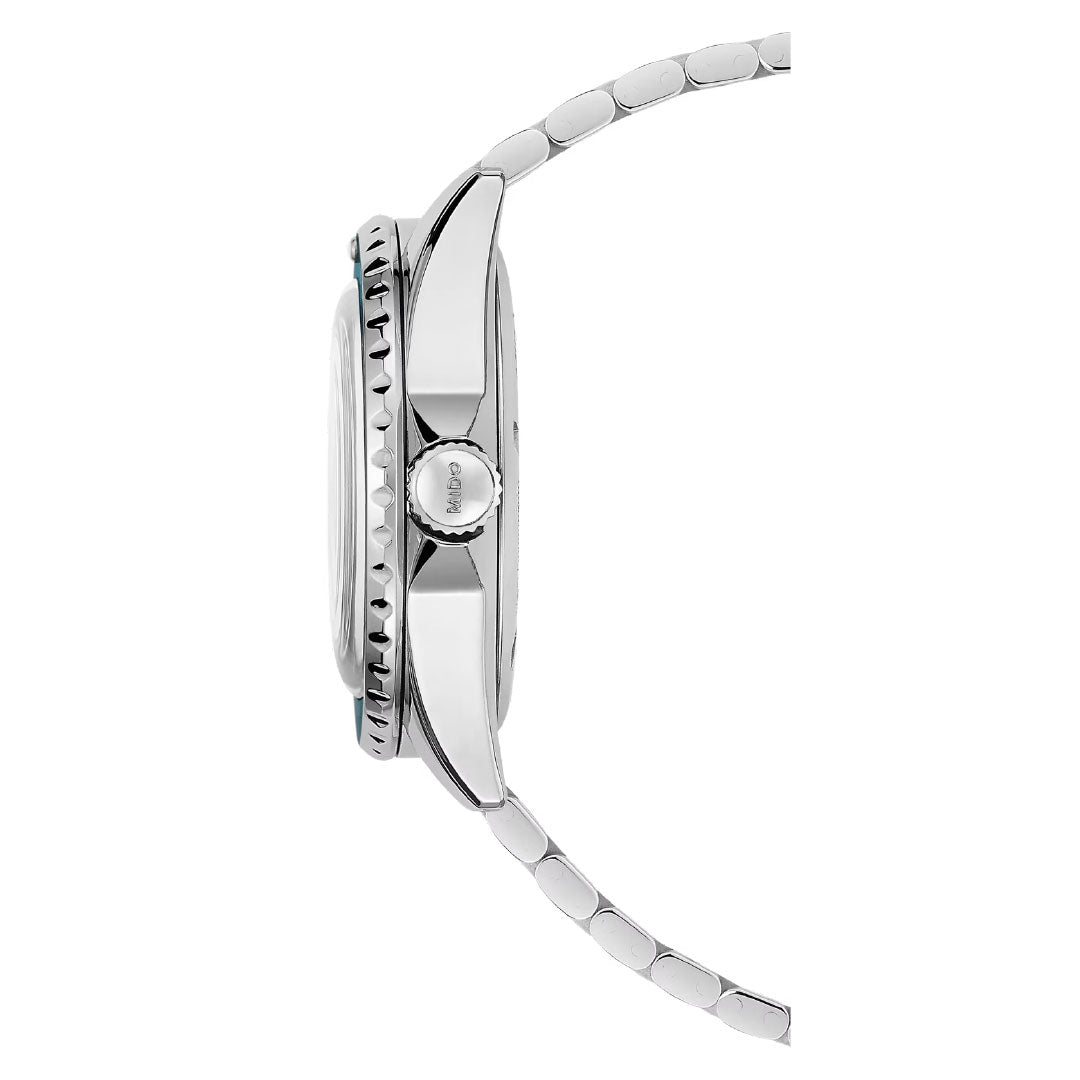 Side view of the MIDO Ocean Star Tribute Automatic 40.5mm watch in silver with a metal link band, round case, textured bezel, and crown. Powered by the Caliber 80 automatic movement and shown vertically with the band extended.