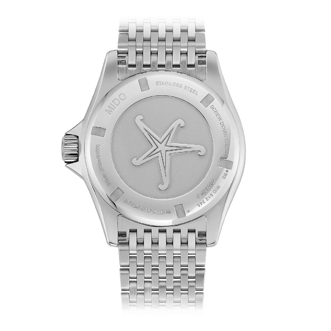 The back of the MIDO Ocean Star Tribute Automatic 40.5mm watch displays an embossed starfish and engraved details about the MIDO brand, Caliber 80 automatic movement, and key specifications.