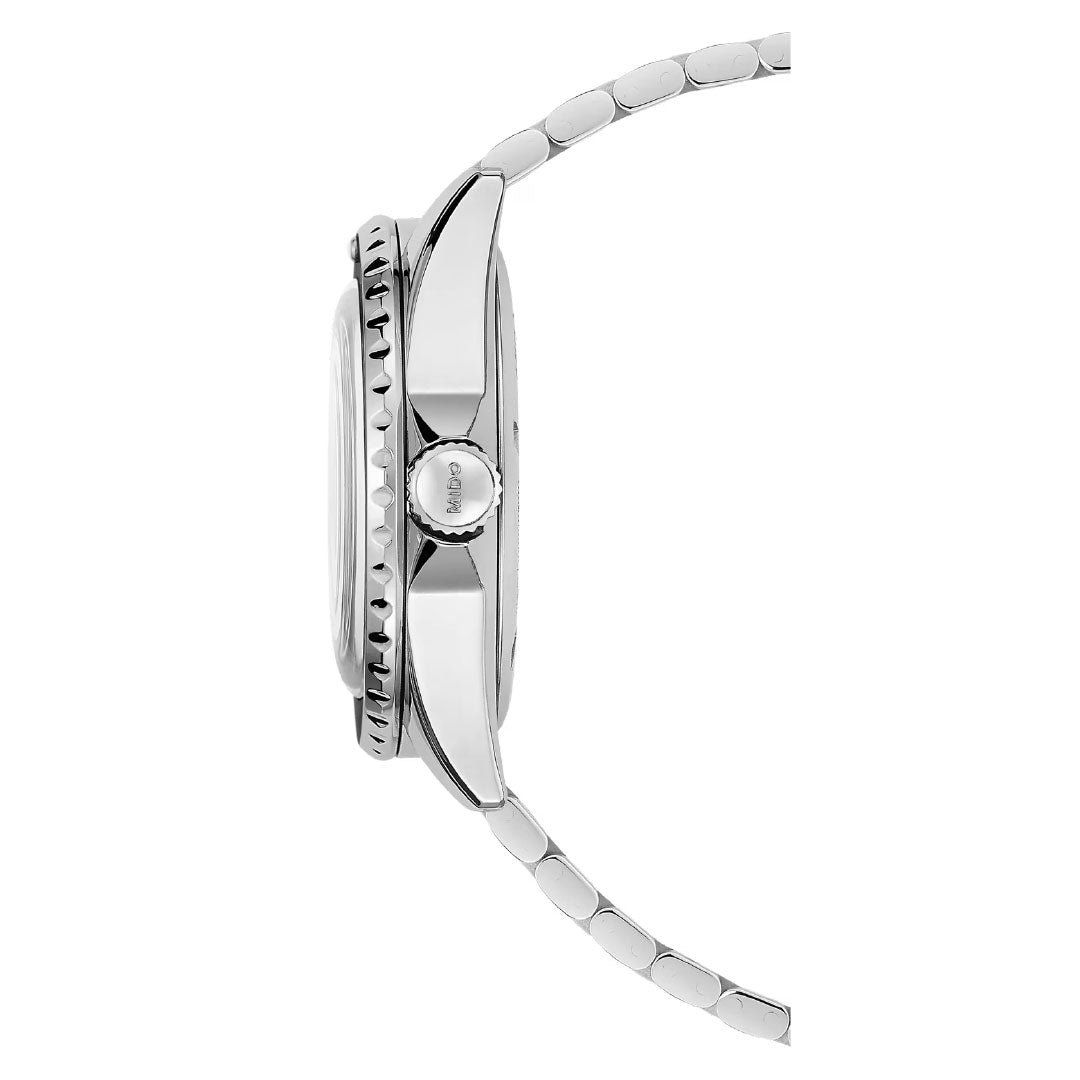 Side view of the MIDO Ocean Star Tribute Automatic 40.5mm Watch by MIDO in silver, featuring a metal bracelet, ridged bezel, round crown, and polished case. Powered by the Caliber 80 automatic movement for lasting precision.