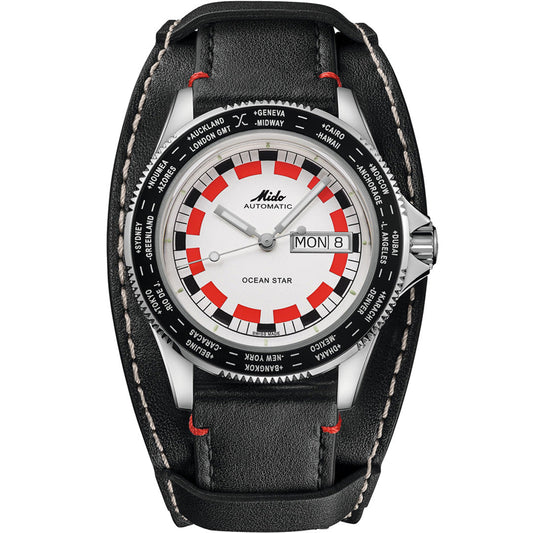 The MIDO Ocean Star Worldtimer Automatic 40.5mm Watch features a black leather strap, white and red dial with world cities on the bezel, Caliber 80 movement, and a day-date display set to Monday the 8th.