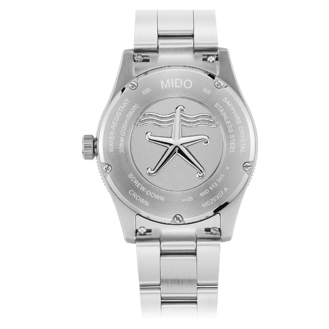 The MIDO Ocean Star 39mm Automatic watch features an engraved starfish on the stainless steel caseback, plus details on water resistance, sapphire crystal, screw-down crown, and its automatic movement.
