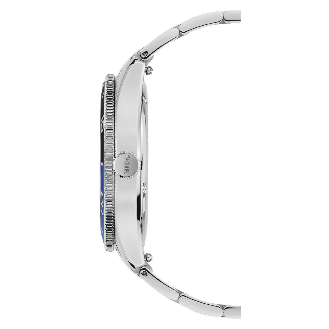 Side view of the MIDO Ocean Star 39mm Automatic watch in silver, with a metal band, ridged bezel, crown, and buttons visible. The blue dial hints at its water-resistant design. Brand: MIDO.