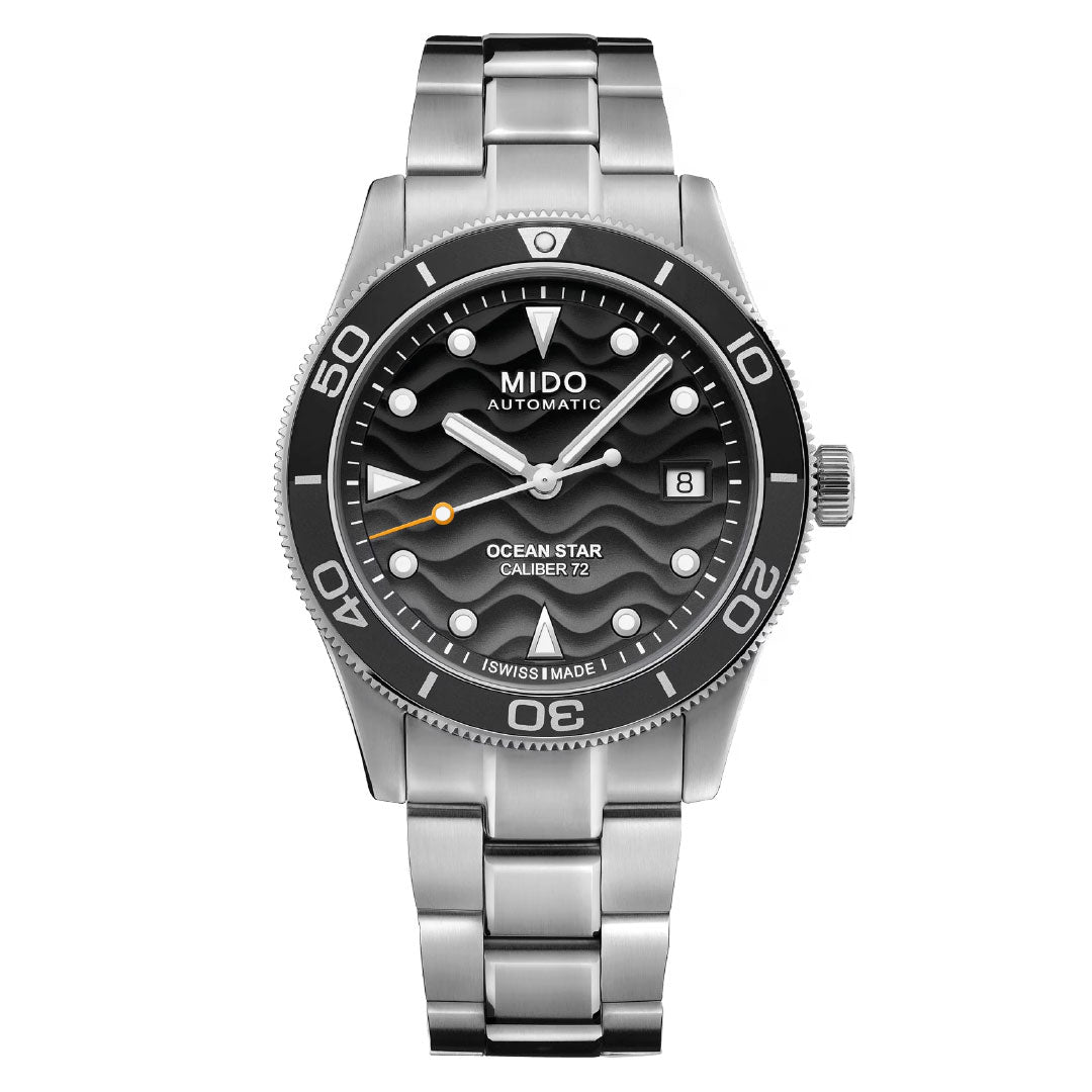 The MIDO Ocean Star 39mm Automatic Watch features a black wave-patterned dial, bold white markers, date at 3 o’clock, unidirectional bezel, silver hands, and a water-resistant stainless steel bracelet.