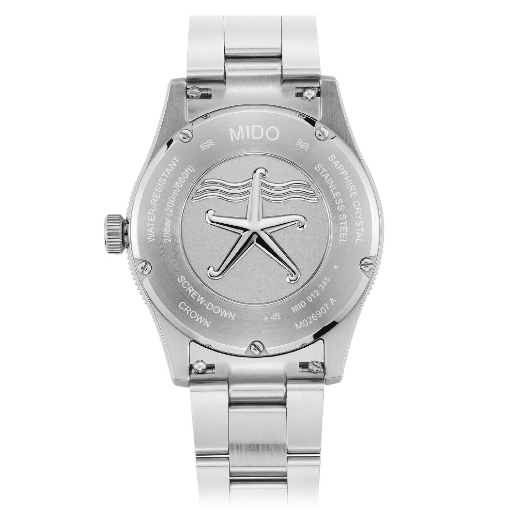 The back of the MIDO Ocean Star 39mm Automatic Watch features a starfish engraving and is labeled with water-resistant, sapphire crystal, stainless steel, and screw-down crown details.