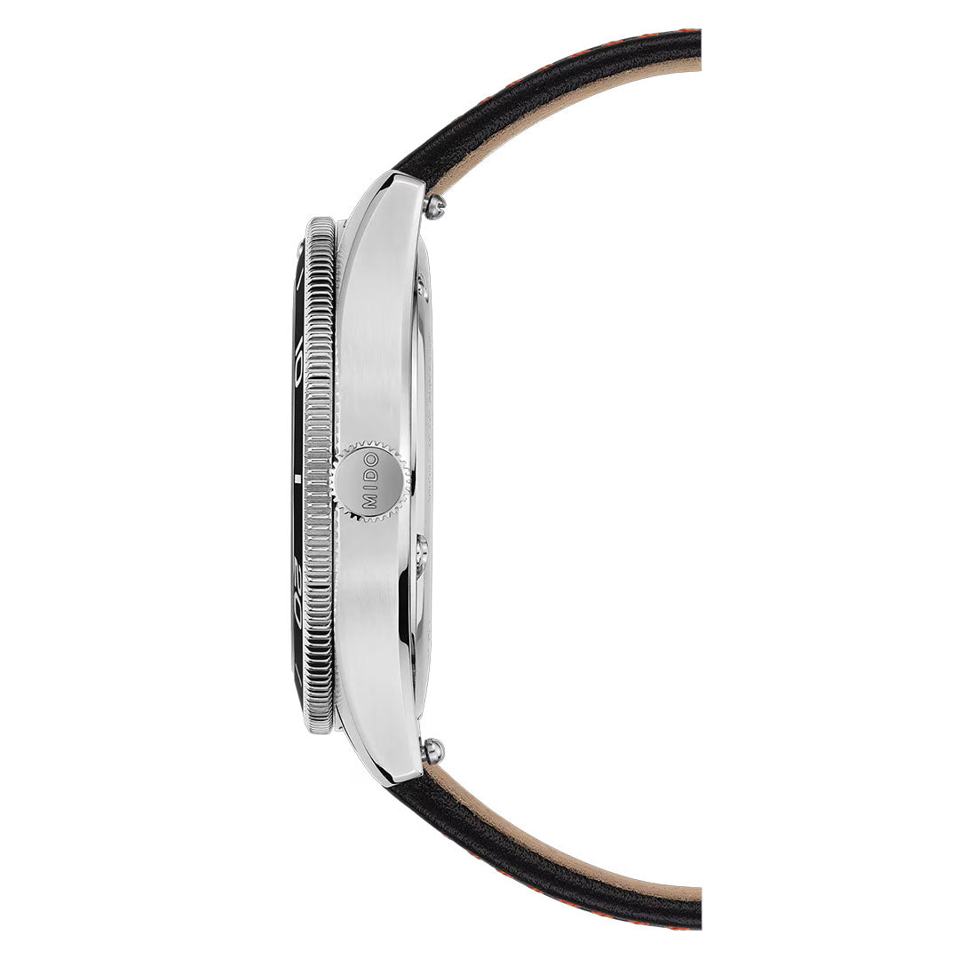 Side view of the MIDO Ocean Star 39mm Automatic Watch featuring a round silver case, visible winding crown, black bezel, and a black leather strap with brown edges. This MIDO timepiece is designed to be water-resistant. The watch face is not visible in this image.
