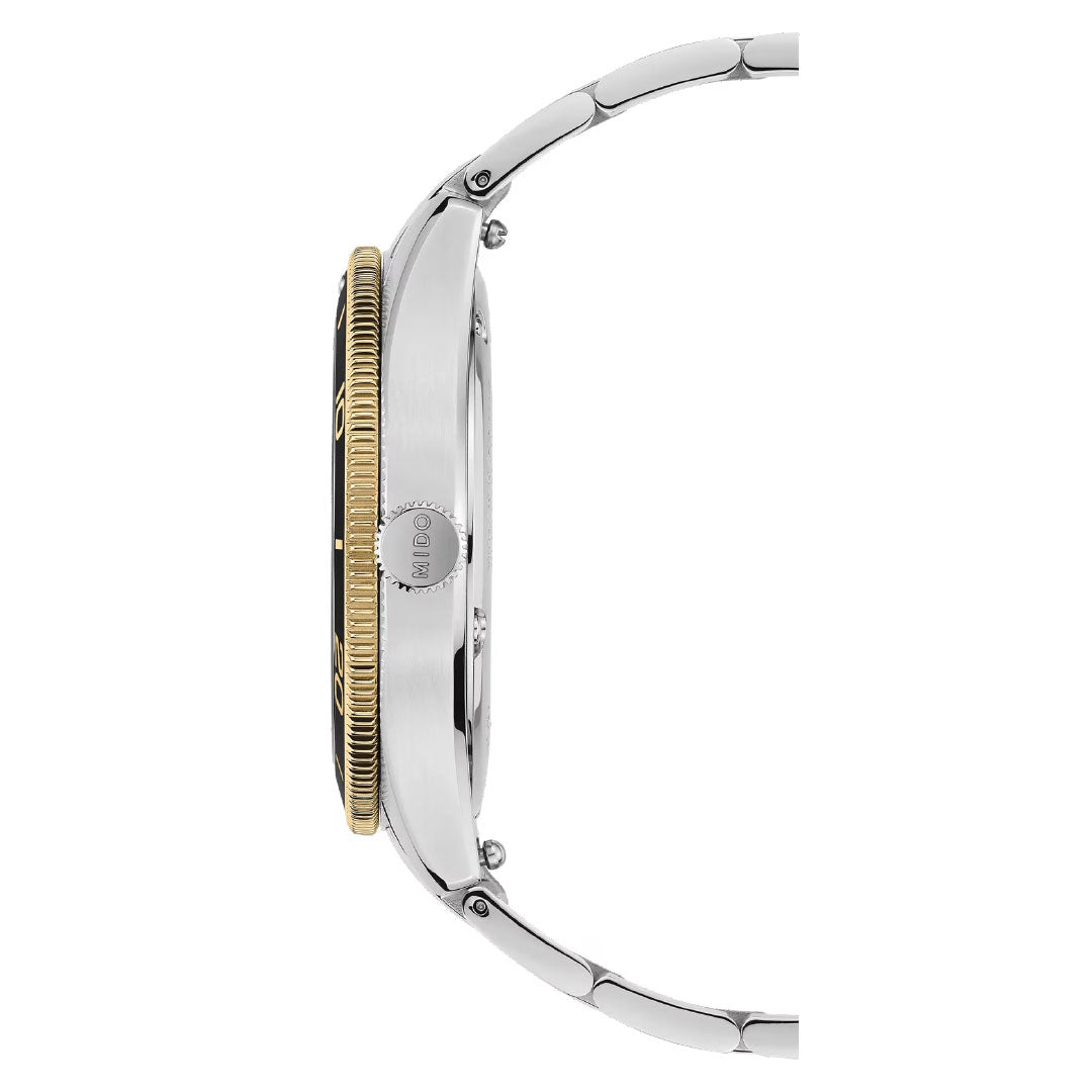 Side view of a silver MIDO Ocean Star 39mm Automatic watch with a metal band, gold bezel, and round crown branded "MIDO." The watch face is not visible.