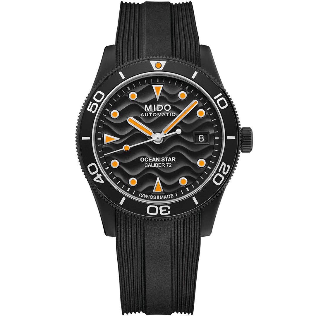 The MIDO Ocean Star 39mm Automatic watch features a wave-patterned black dial, white and orange markers, a black bezel, date at 3 o’clock, and a textured black rubber strap—crafted by MIDO for superior water resistance.