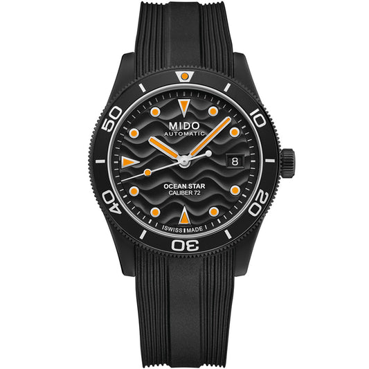 The MIDO Ocean Star 39mm Automatic watch features a wave-patterned black dial, white and orange markers, a black bezel, date at 3 o’clock, and a textured black rubber strap—crafted by MIDO for superior water resistance.