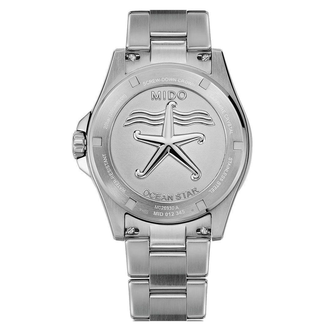 The back of the MIDO Ocean Star 200 Automatic 41mm features an engraved starfish and wavy lines, with surrounding text showcasing its water resistance and model details.