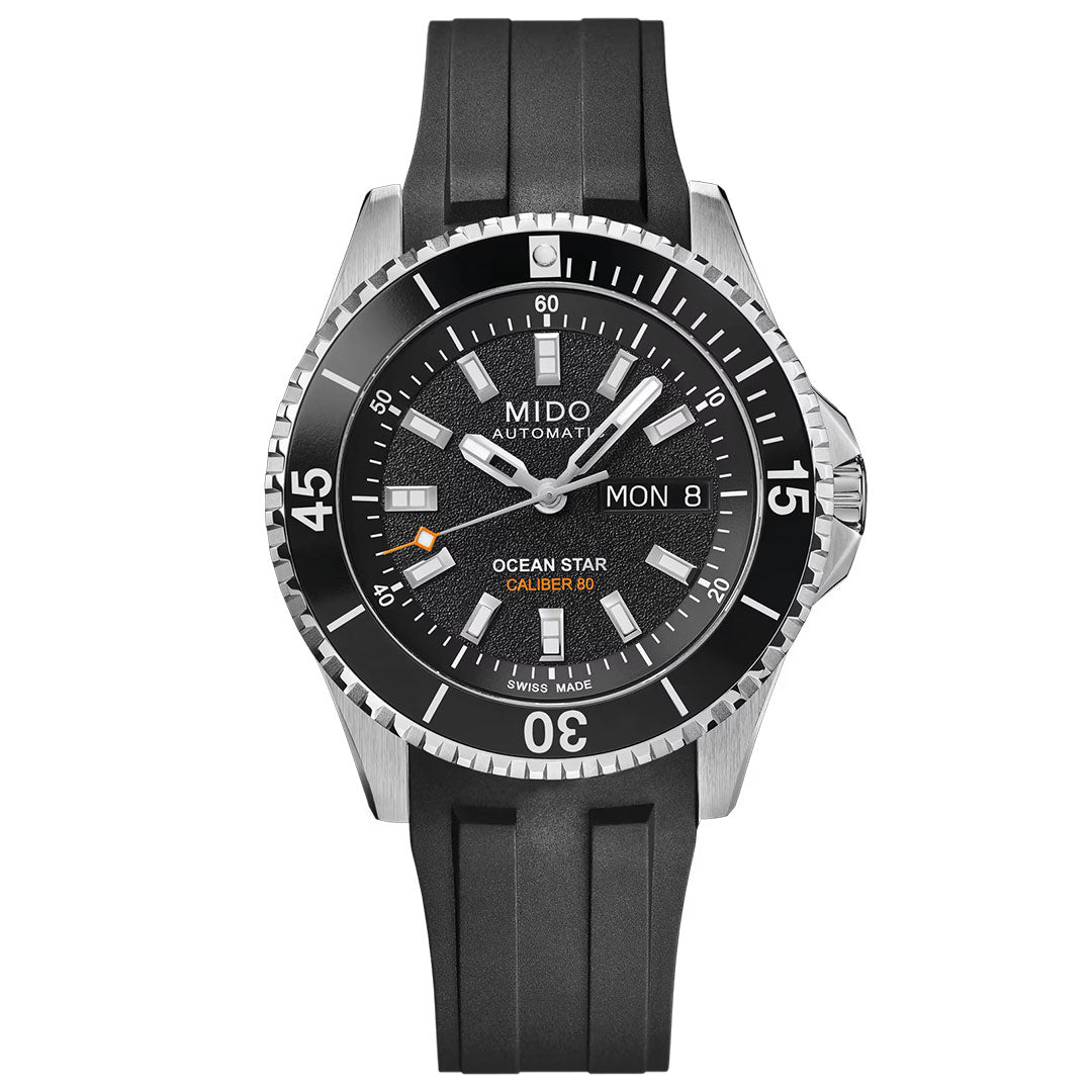 The MIDO Ocean Star 200 Automatic 41mm watch features a black rubber strap, black bezel, textured black dial with silver markers, day-date display, orange-tipped seconds hand, and robust water resistance.