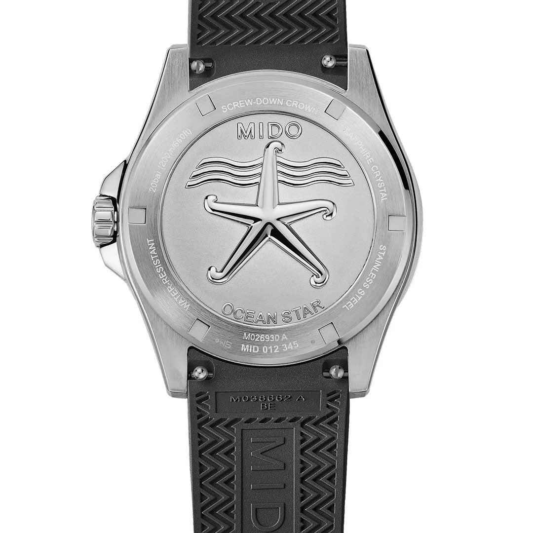 The MIDO Ocean Star 200 Automatic 41mm watch features a starfish engraving and text on its stainless steel case back, plus a black textured rubber strap—highlighting its water-resistant design.