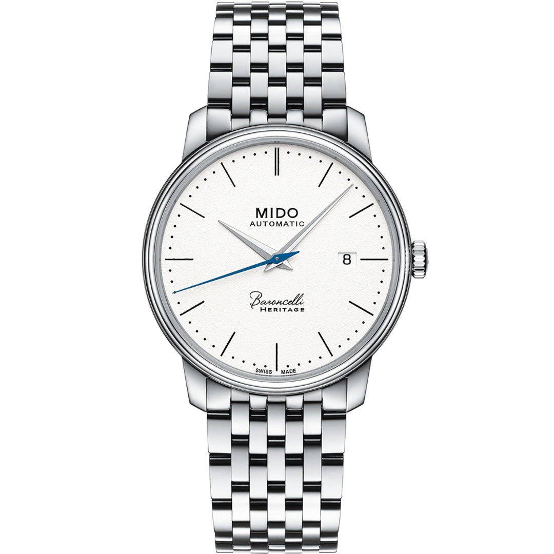 The MIDO Baroncelli III Heritage Gent Automatic 39mm Watch features a white dial, silver markers, blue second hand, date at 3 o'clock, and a silver metal bracelet, blending classic style with precise automatic movement.