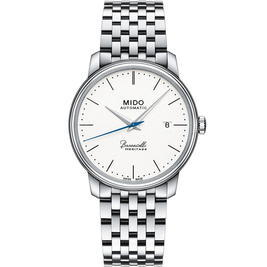 The MIDO Baroncelli III Heritage Gent Automatic 39mm Watch features a white dial, silver markers, blue second hand, date at 3 o'clock, and a silver metal bracelet, blending classic style with precise automatic movement.